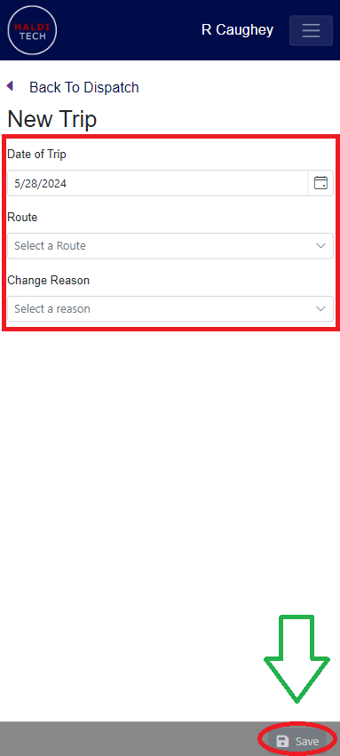Choosing the trip details and saving