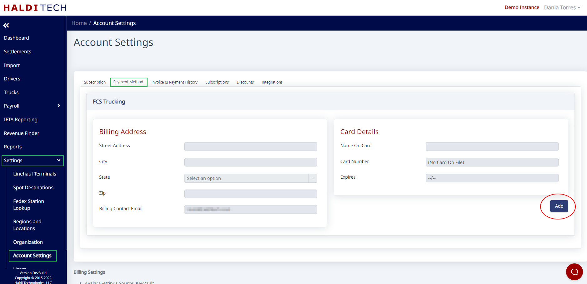 Payment Method tab in Account Settings