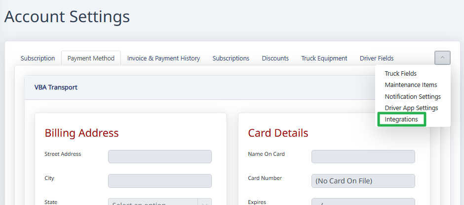 Account Settings with the Integrations tab