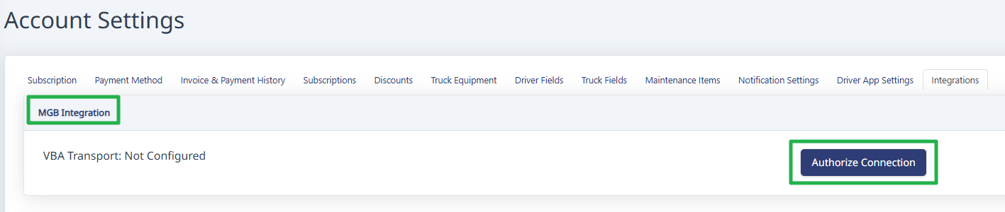 MGB Integration section with the Authorize Connection button