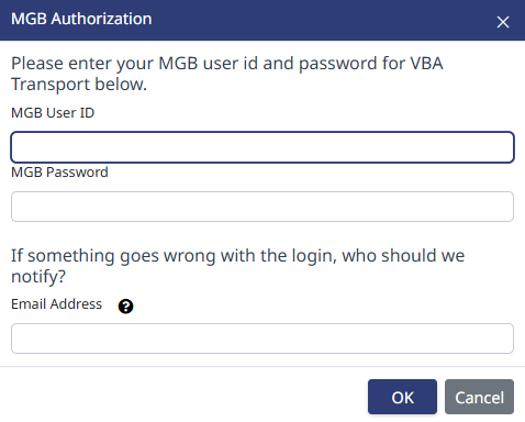 MGB credentials entry with optional email address