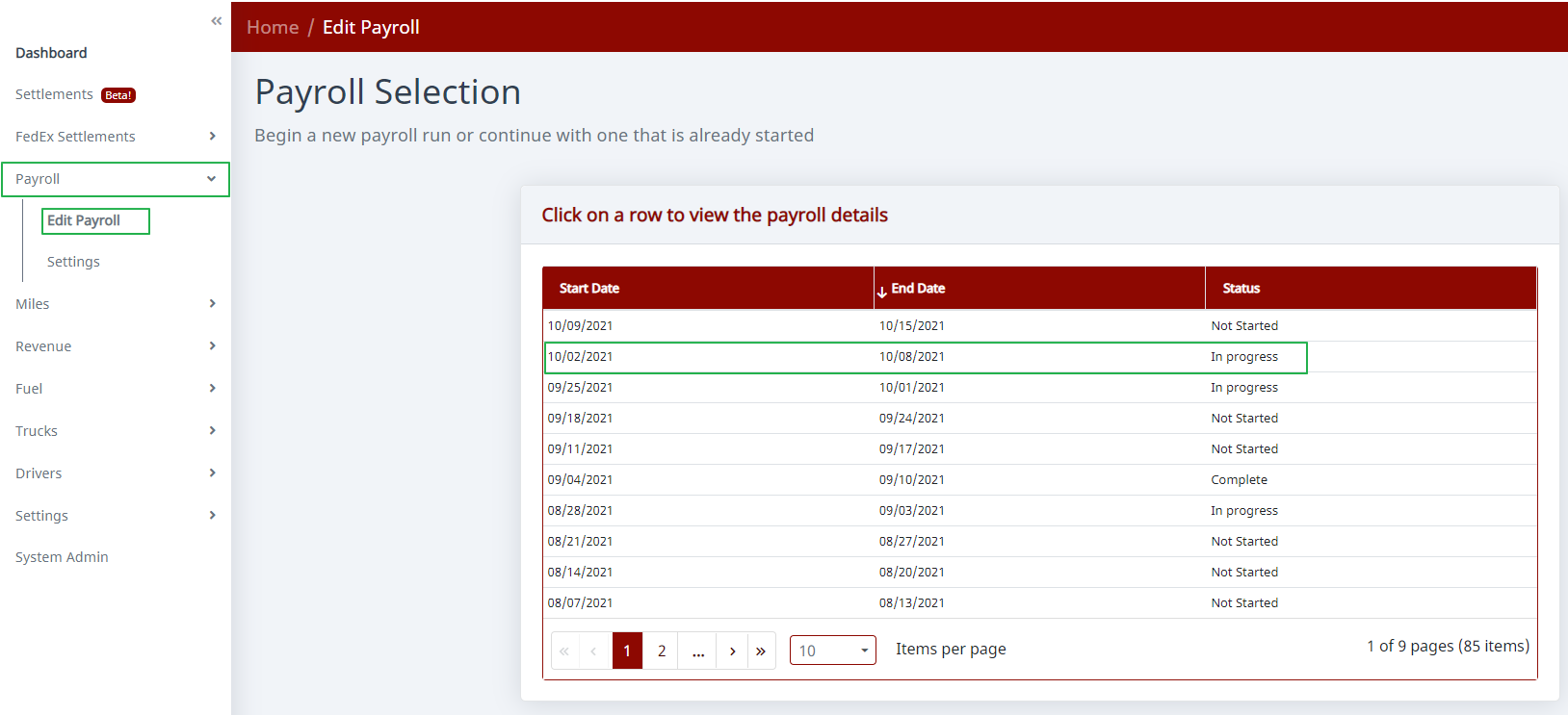 Payroll menu with Edit Payroll