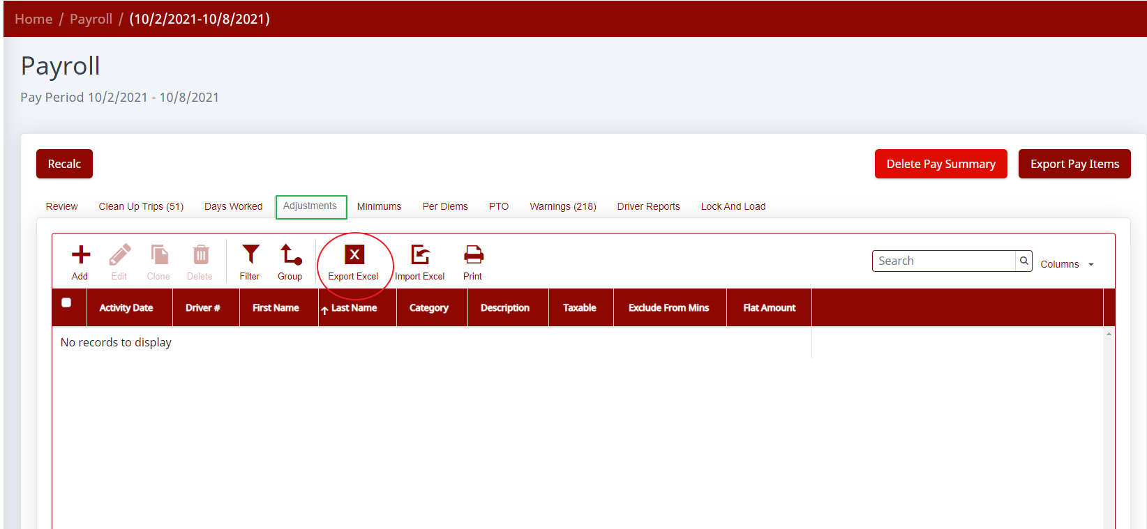 Adjustments tab with Export Excel