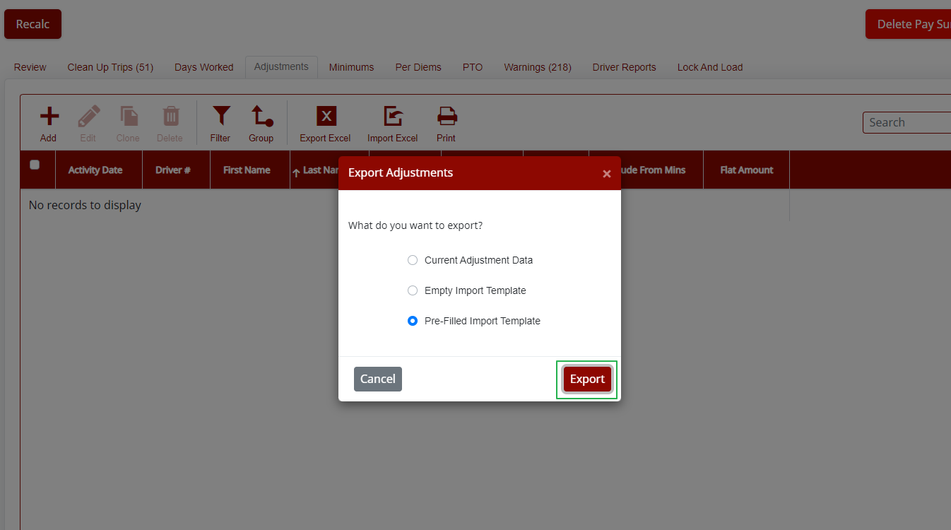 Export pop-up with Pre-filled Import Template option