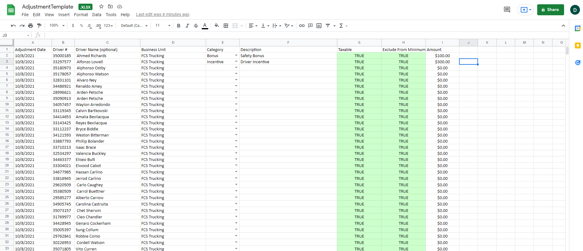 Exported Excel template with drivers listed