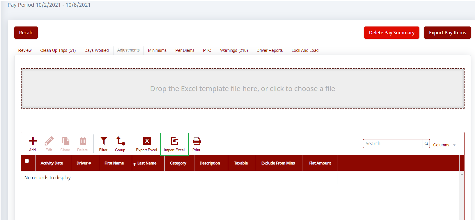 Import Excel button