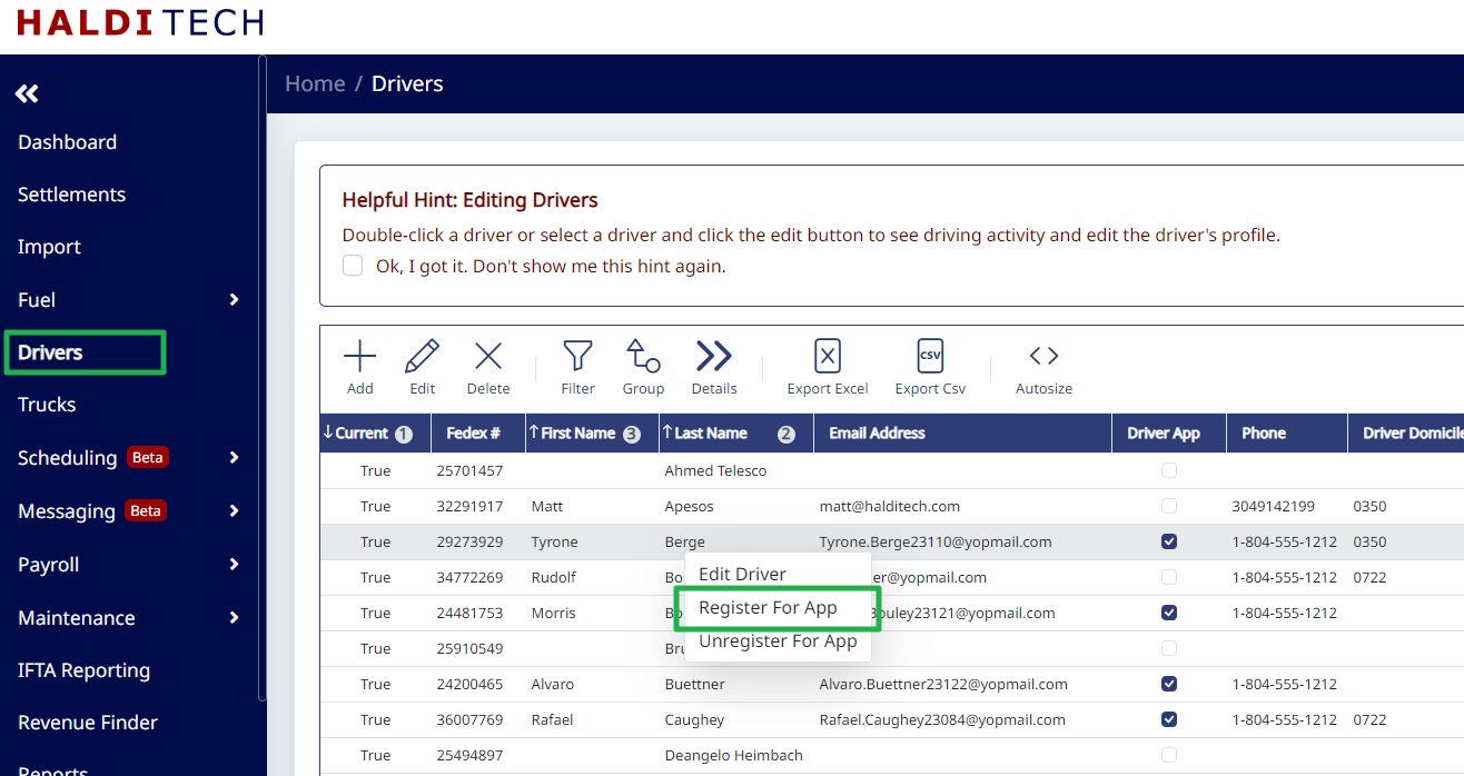 Register For App from the driver right-click menu