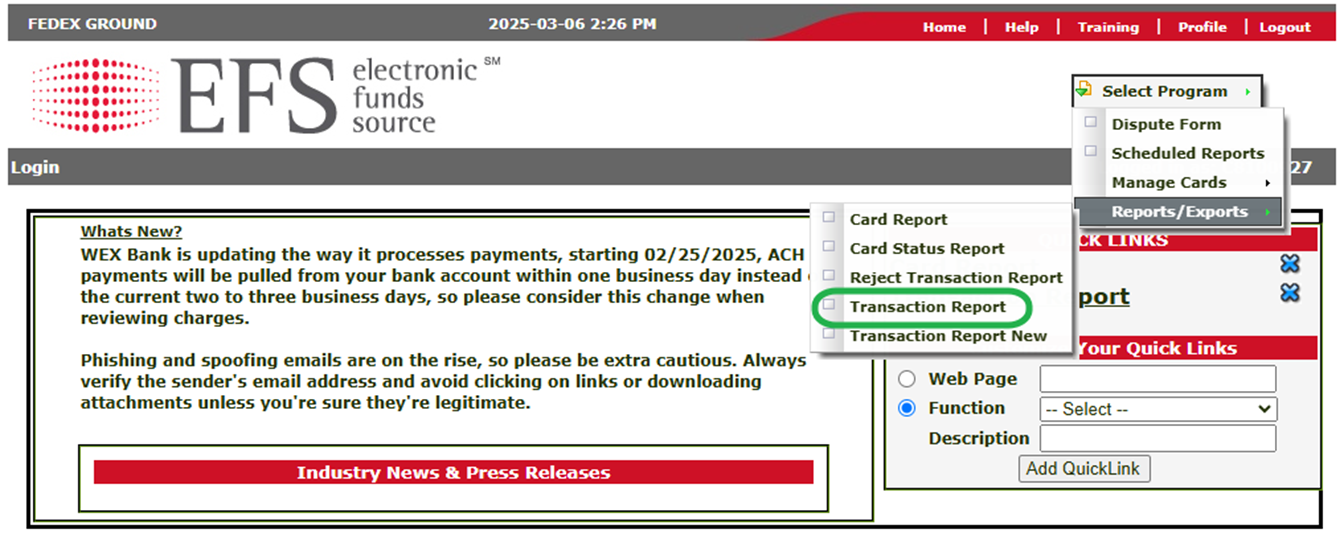 EFS Reports/Exports dropdown with Transaction Report