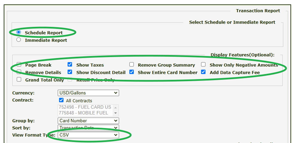 Transaction Report options with CSV format