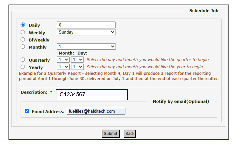 Description field with CDAS number and fuelfiles email