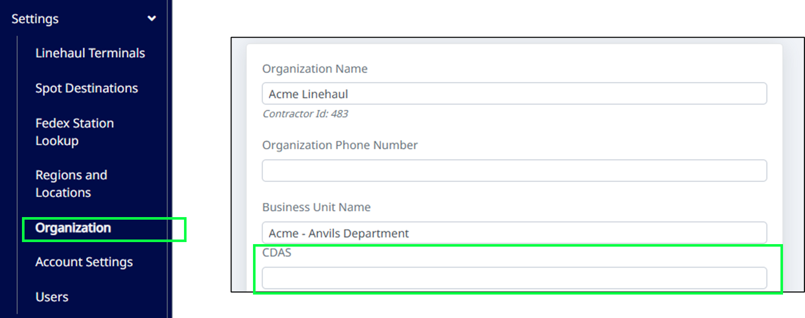 Haldi Tech Organization settings with CDAS Number