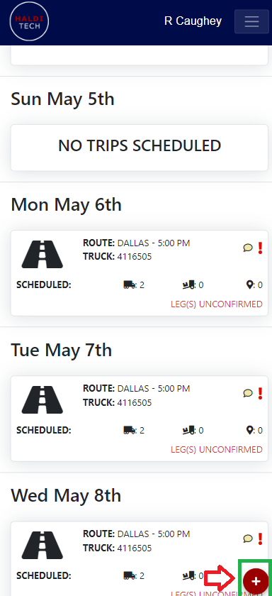 Red plus sign in the lower right corner of the dispatch screen