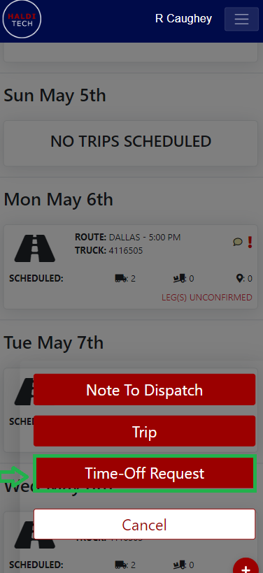 Time Off Request option