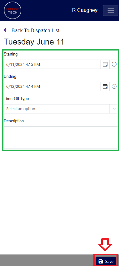 Time off request form with date, type, and description fields