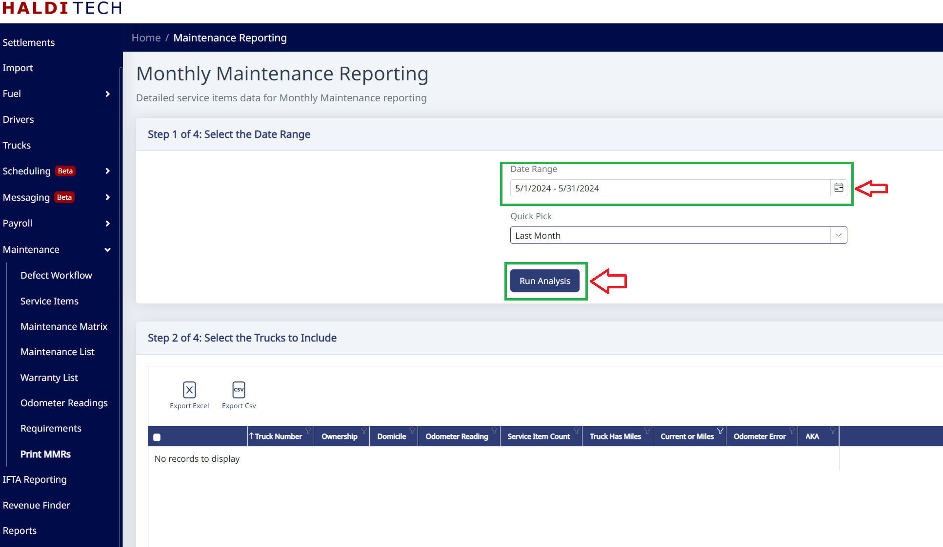 Selecting a date range and running the analysis