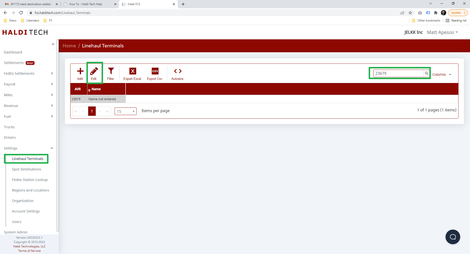 Linehaul Terminals search and list