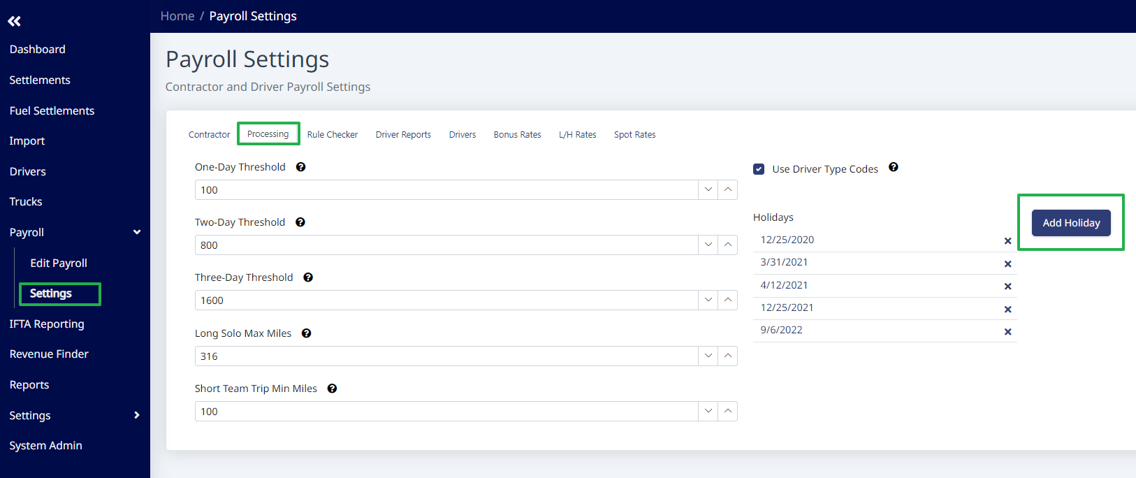 Adding a holiday date on the Processing tab