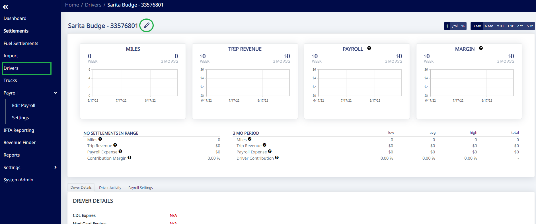 The driver's Salary, Daily, Holiday, & PTO Rates tab