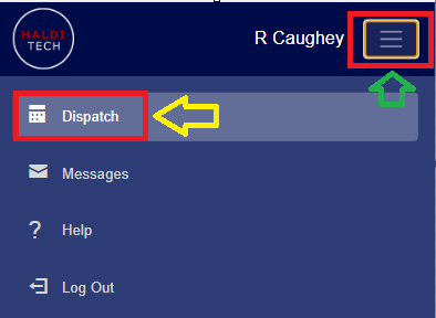 Mobile app menu with the Dispatch option