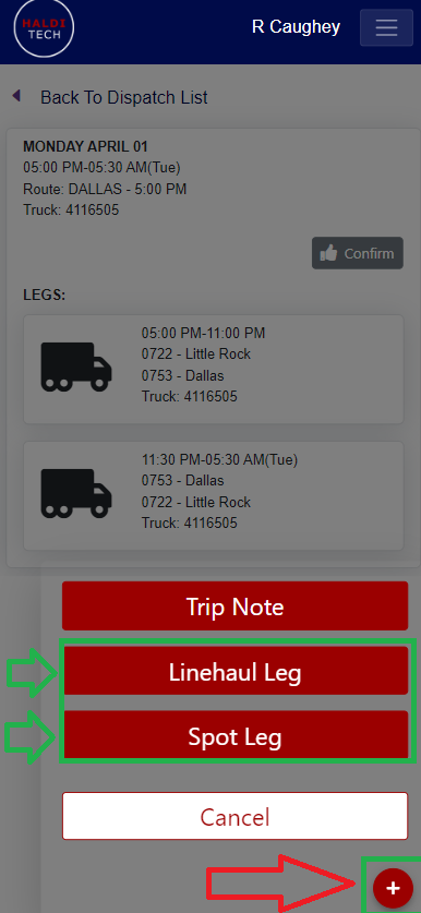 Red plus icon menu with Linehaul Leg and Spot Leg