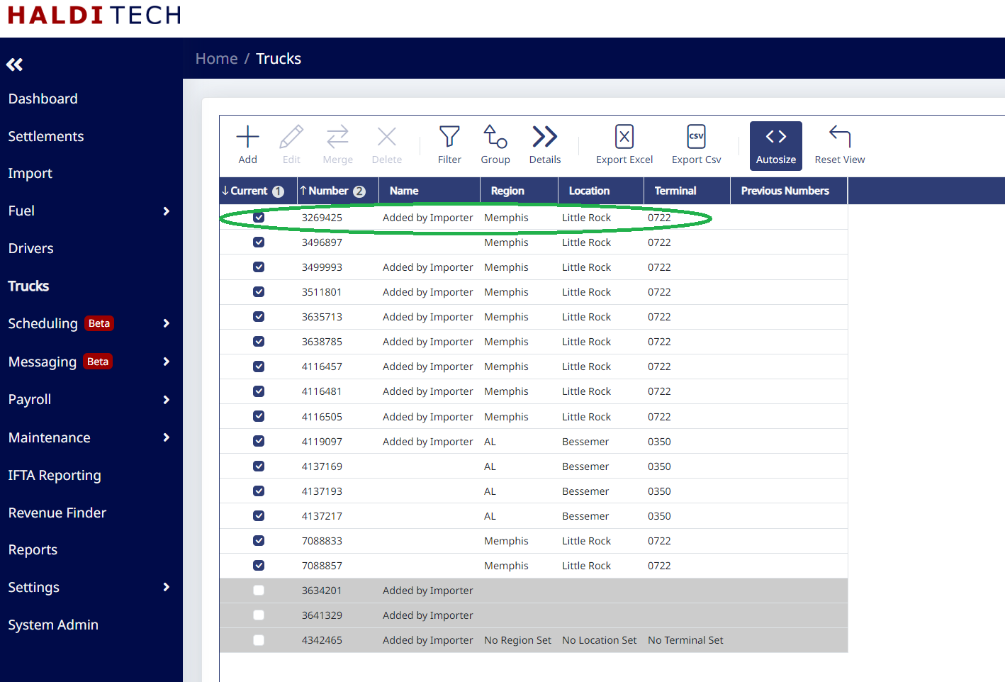 Double-clicking a truck number in the list