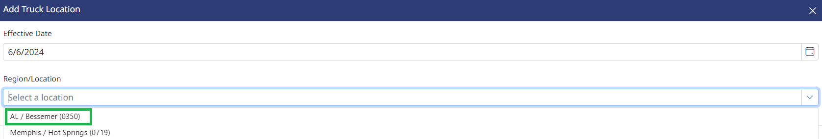 Selecting the location from the drop down