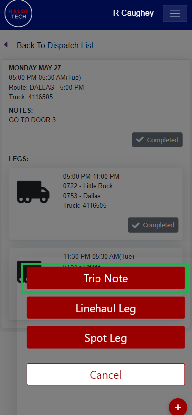 Trip Note option