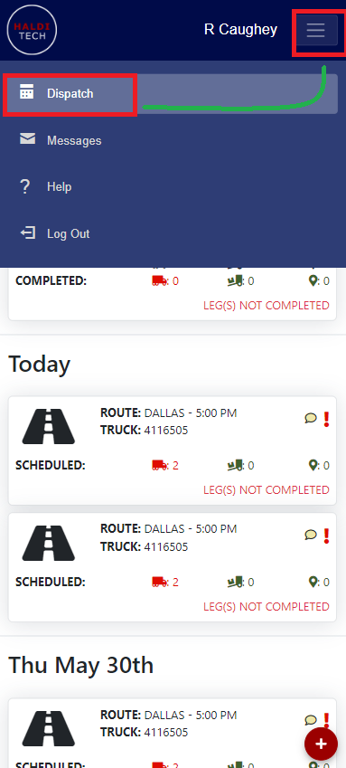 Dispatch selector in the top right of the mobile app