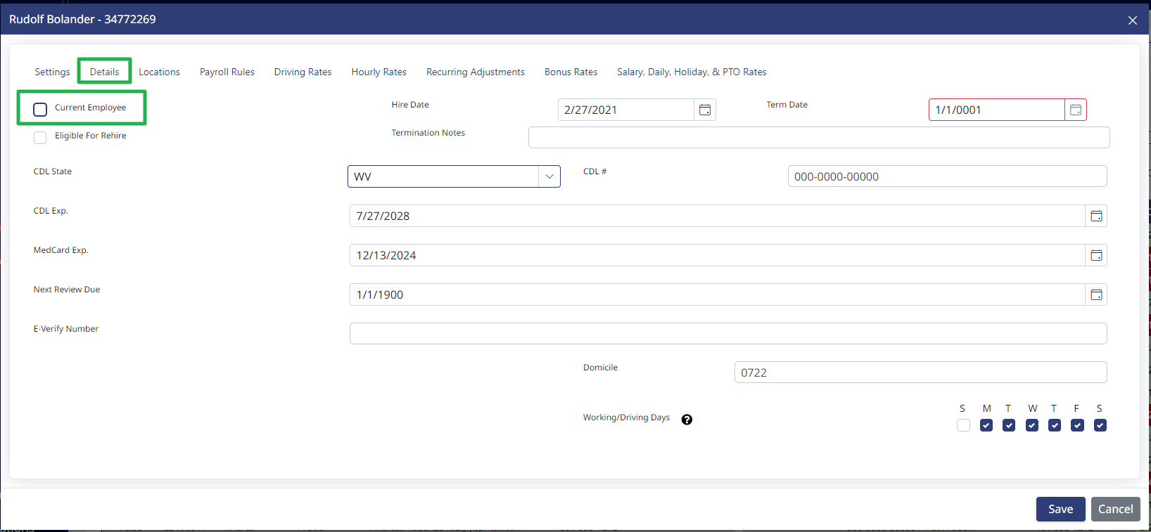 Unchecking the Current Employee box on the Details tab