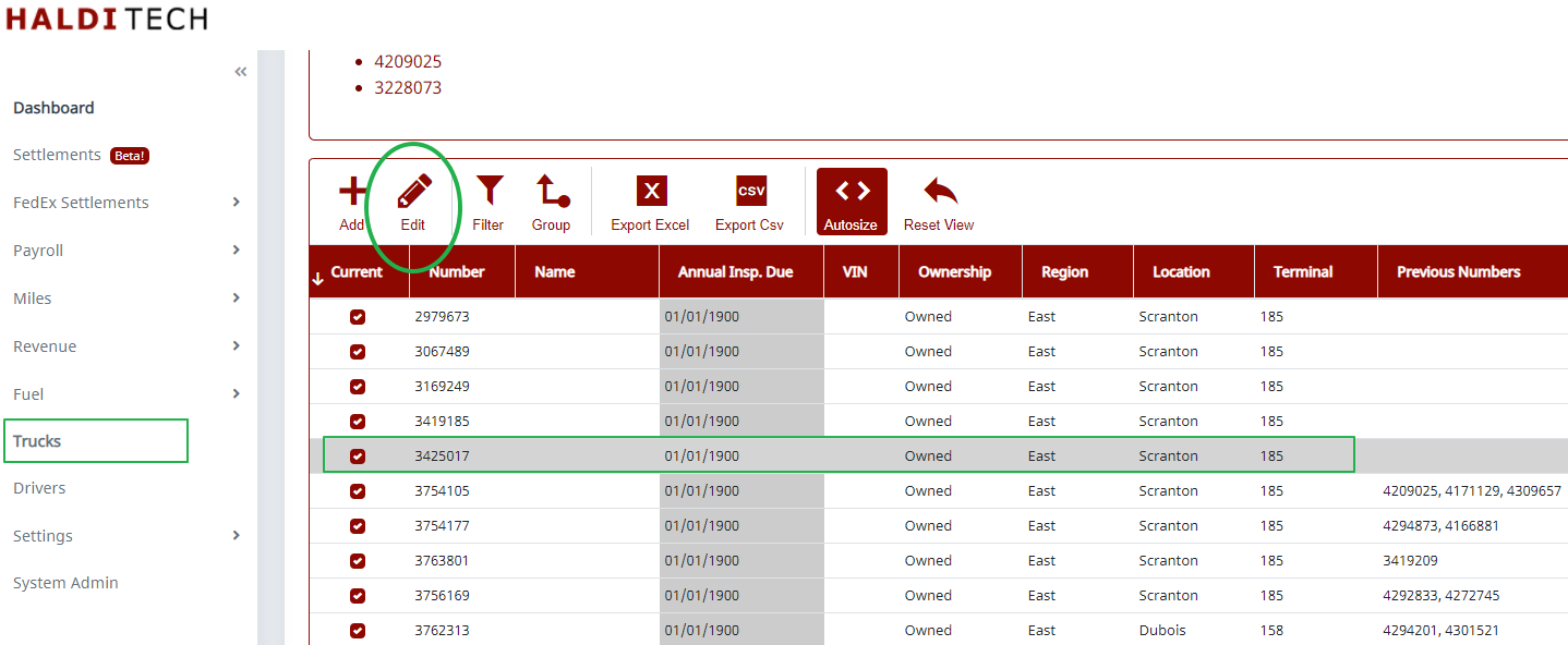 Trucks list with a truck selected and the Edit button