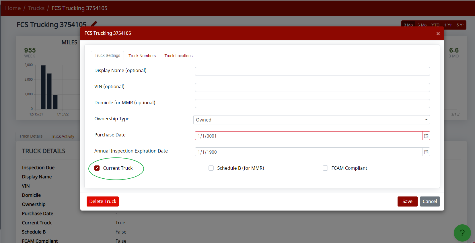 Truck edit screen with the Current Truck checkbox