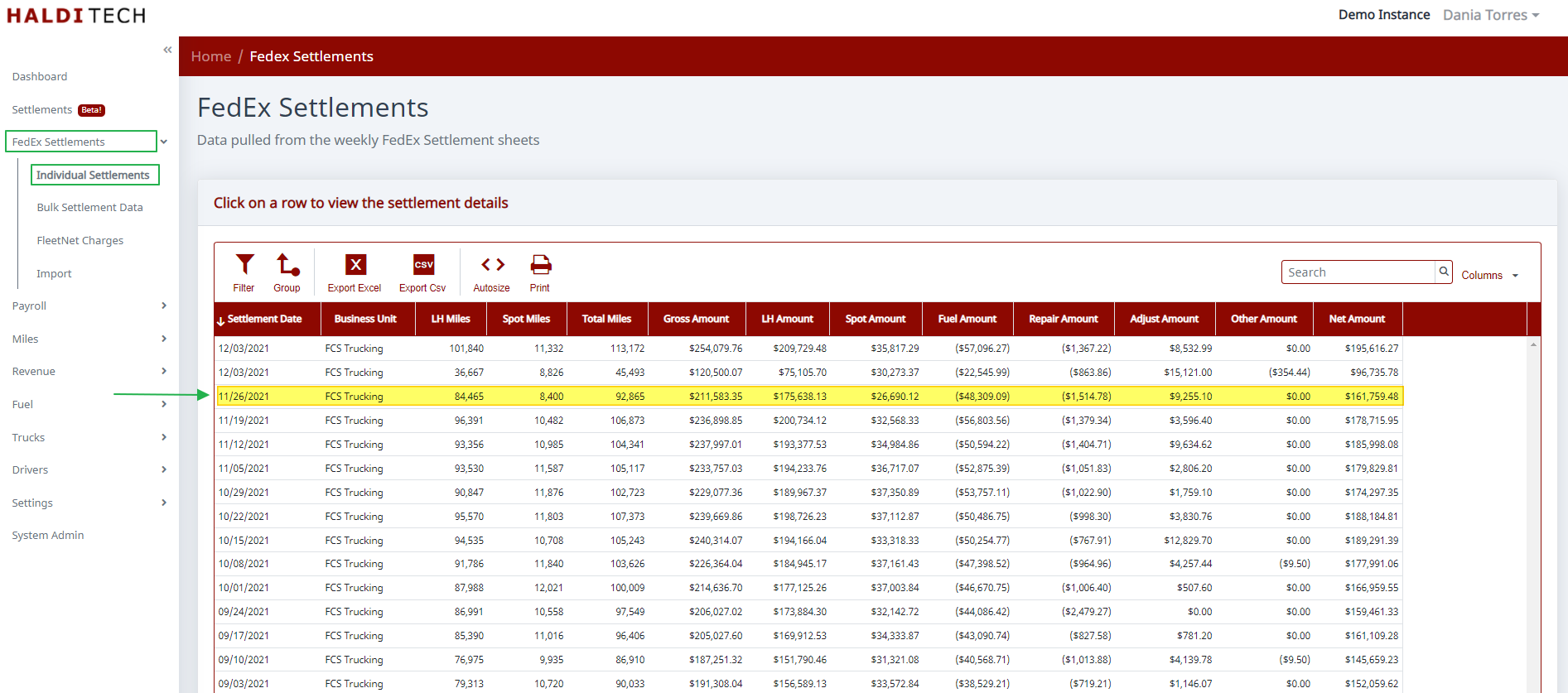 FedEx Settlements individual settlement view