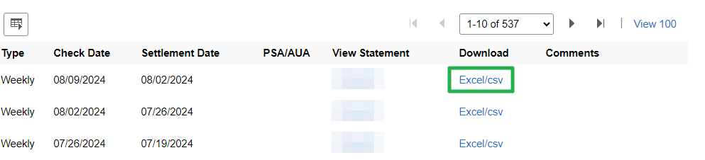 Settlement list with download option