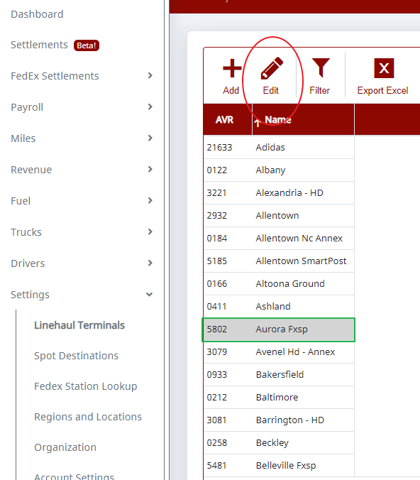 Editing a linehaul terminal name