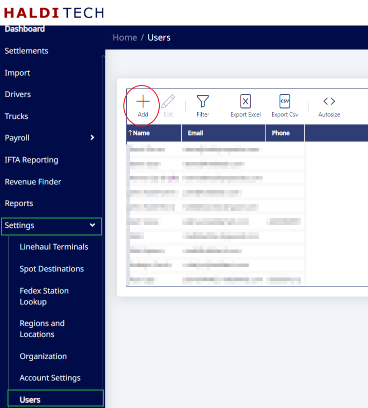 Users settings with the Add button