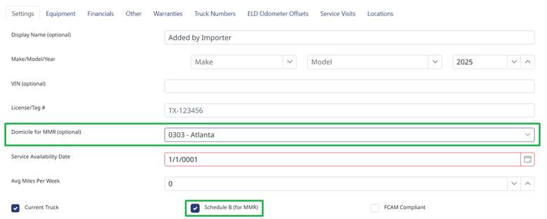 Truck profile with Domicile and Schedule B settings