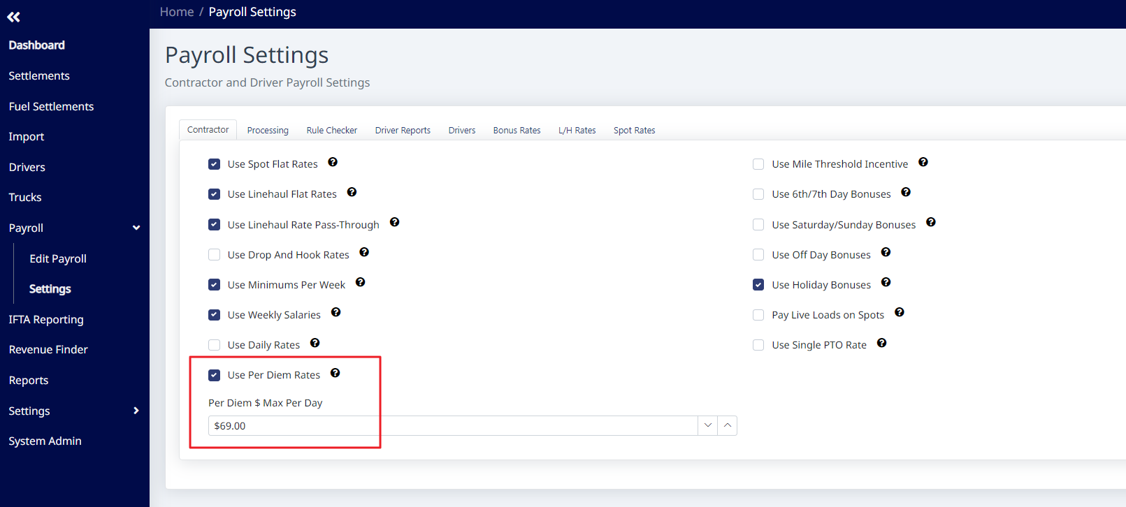 Payroll Settings with Use Per Diem Rates enabled