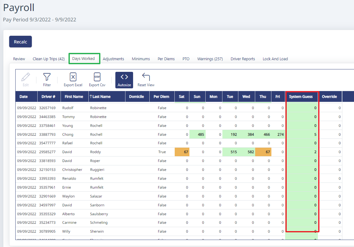 Days Worked tab with System Guess column