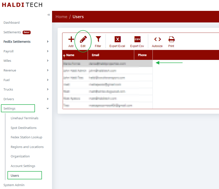Selecting a user and clicking Edit under Settings > Users