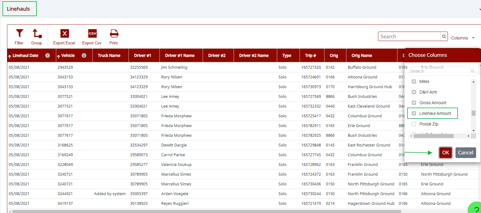 Linehaul section with the Linehaul Amount column enabled