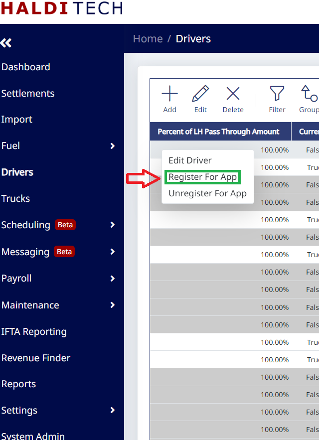 Register for app from the driver right-click menu