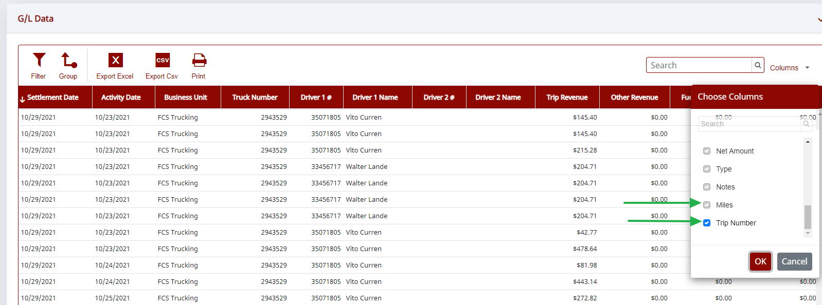G/L Data grid with the new Trip # and Miles columns