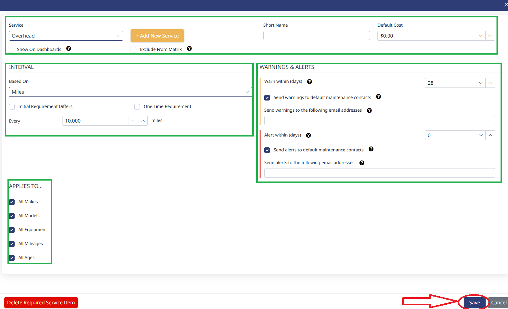 Service parameters