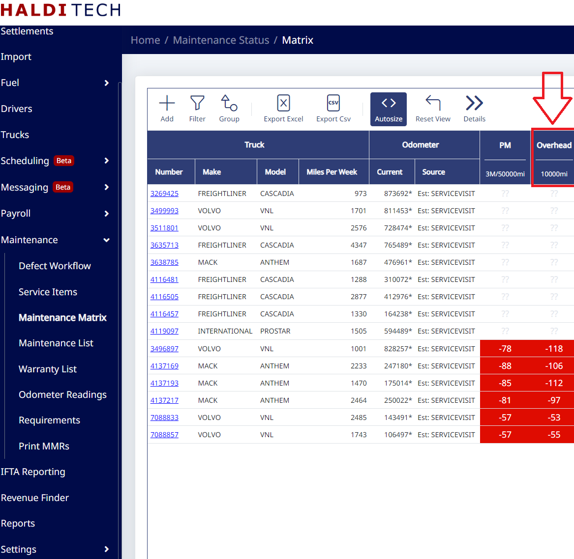 New service shown in the Maintenance Matrix
