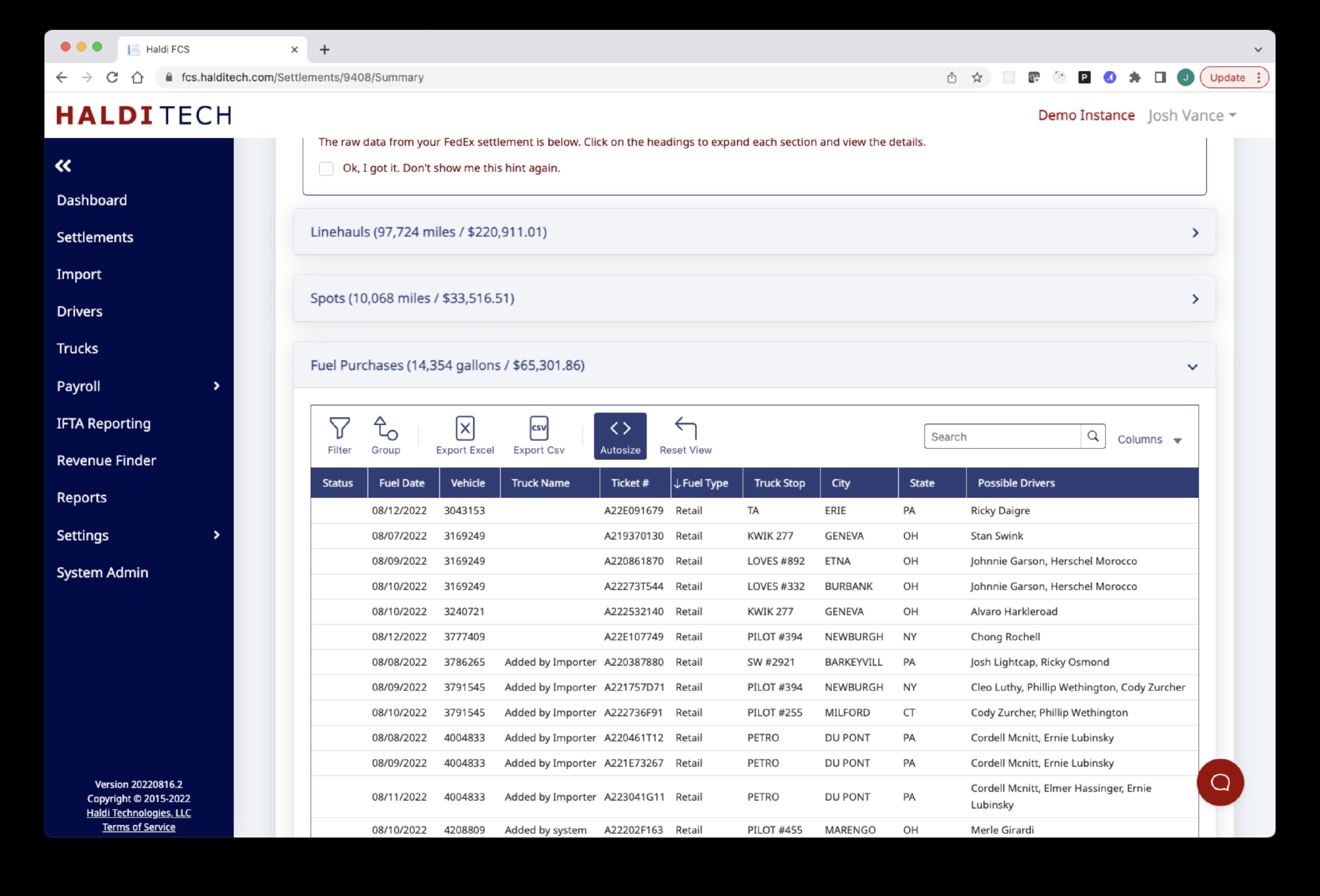 Fuel Purchases in the Raw Data tab of a settlement