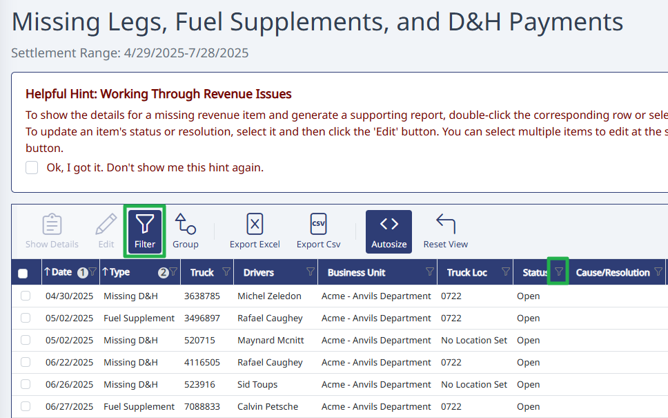 The Filter button in the Revenue Finder toolbar