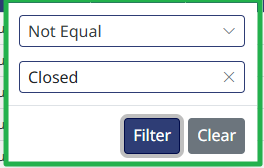 Setting the Status filter to Not Equal "Closed"