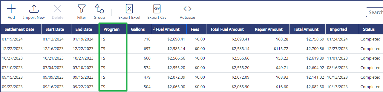 The Fuel Settlements screen listing purchases